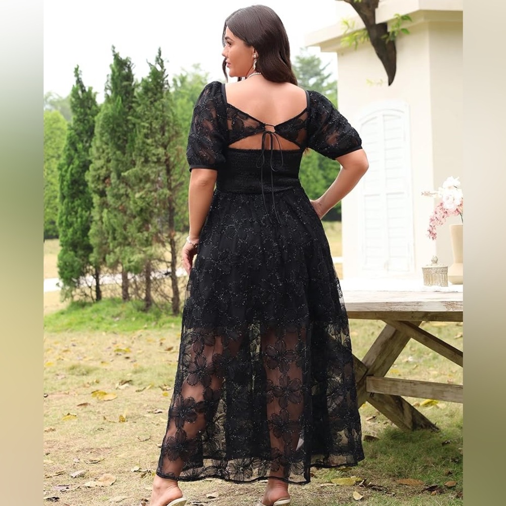 Black Embroidered Floral A-Line Formal Dress - Picture 2 of 8